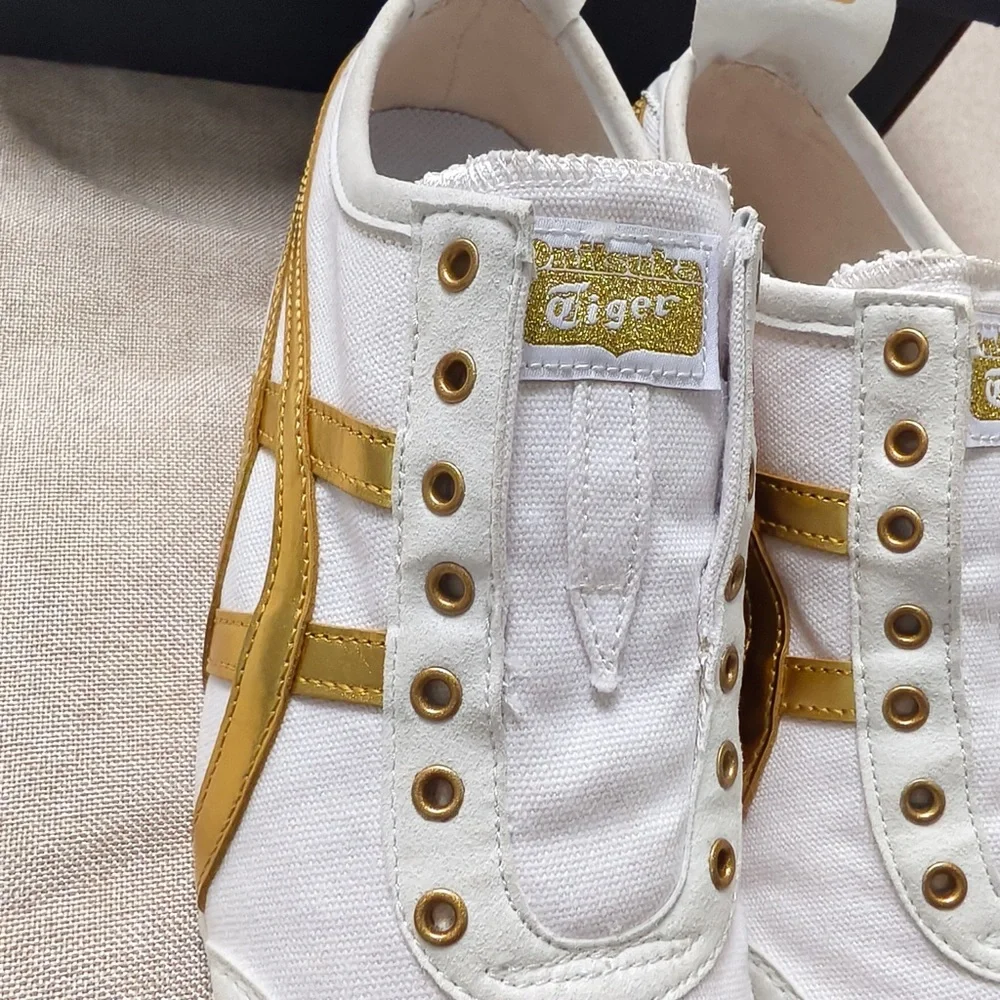 Onitsuka Tiger by Asics Women's White Sneakers with Metallic Gold Stripes